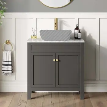 Bermuda Graphite Grey Cabinet with Marble Top 800mm Excludes Basin - Brushed Brass Accents