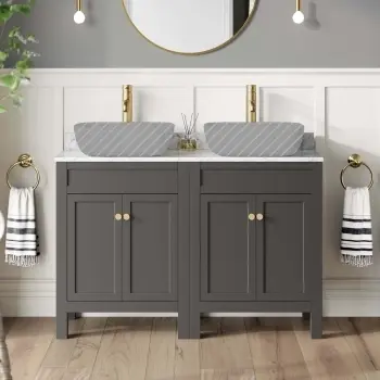 Bermuda Graphite Grey Cabinet with Marble Top 1200mm Excludes Basins - Brushed Brass Accents