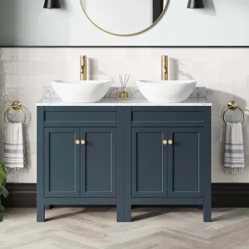 Bermuda Inky Blue Vanity with Marble Top & Oval Counter Top Basin 1200mm - Brushed Brass Accents
