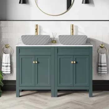 Bermuda Midnight Green Cabinet with Marble Top 1200mm Excludes Basins - Brushed Brass Accents