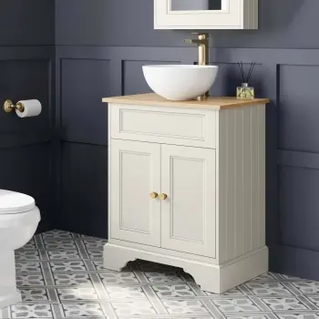 Lucia Chalk White Vanity with Oak Effect Top & Round Counter Top Basin 640mm - Brushed Brass Accents