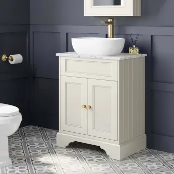 Lucia Chalk White Vanity with Marble Top & Curved Counter Top Basin 640mm - Brushed Brass Accents