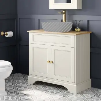 Lucia Chalk White Cabinet with Oak Effect Top 840mm (Excludes Counter Top Basin) - Brass Accents