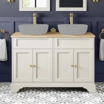 Lucia Chalk White Cabinet with Oak Effect Top 1200mm (Excludes Counter Top Basins) - Brass Accents