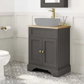 Lucia Graphite Grey Cabinet with Oak Effect Top 640mm (Excludes Counter Top Basin) - Brass Accents