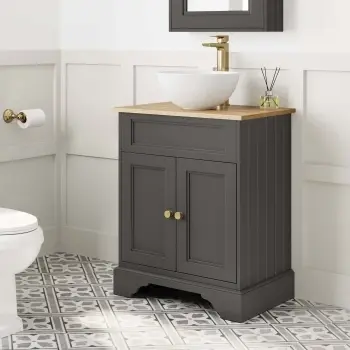 Lucia Graphite Grey Vanity with Oak Effect Top & Round Counter Top Basin 640mm - Brass Accents