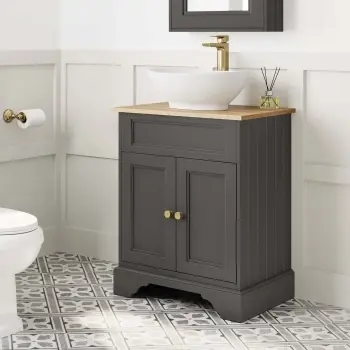 Lucia Graphite Grey Vanity with Oak Effect Top & Oval Counter Top Basin 640mm - Brass Accents