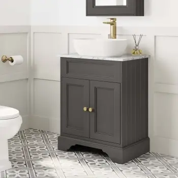 Lucia Graphite Grey Vanity with Marble Top & Curved Counter Top Basin 640mm - Brushed Brass Accents