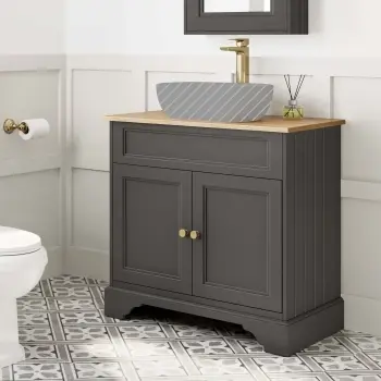 Lucia Graphite Grey Cabinet with Oak Effect Top 840mm (Excludes Counter Top Basin) - Brass Accents