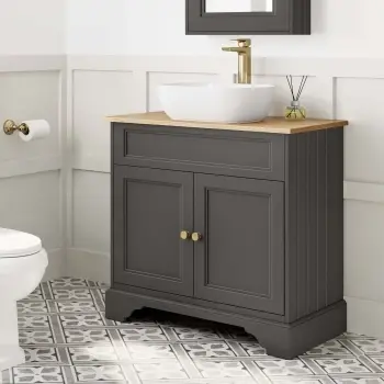 Lucia Graphite Grey Vanity with Oak Effect Top & Curved Counter Top Basin 840mm - Brass Accents