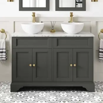 Lucia Graphite Grey Double Vanity with Marble Top & Round Counter Top Basin 1200mm - Brass Accents