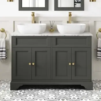 Lucia Graphite Grey Double Vanity with Marble Top & Curved Counter Top Basin 1200mm - Brass Accents