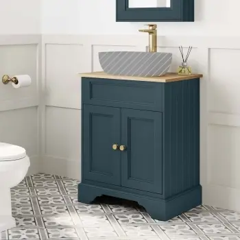 Lucia Inky Blue Cabinet with Oak Effect Top 640mm (Excludes Counter Top Basin) - Brass Accents