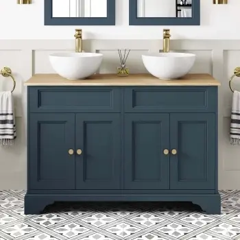 Lucia Inky Blue Double Vanity with Oak Effect Top & Round Counter Top Basin 1200mm - Brass Accents