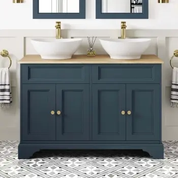 Lucia Inky Blue Double Vanity with Oak Effect Top & Oval Counter Top Basin 1200mm - Brass Accents