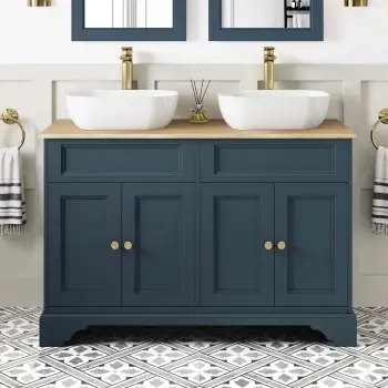 Lucia Inky Blue Double Vanity with Oak Effect Top & Curved Counter Top Basin 1200mm - Brass Accents