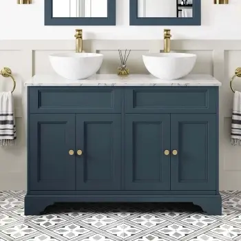 Lucia Inky Blue Double Vanity with Marble Top & Round Counter Top Basin 1200mm - Brass Accents