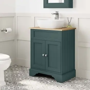 Lucia Midnight Green Vanity with Oak Effect Top & Curved Counter Top Basin 640mm