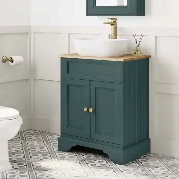 Lucia Midnight Green Vanity with Oak Effect Top & Curved Counter Top Basin 640mm - Brass Accents