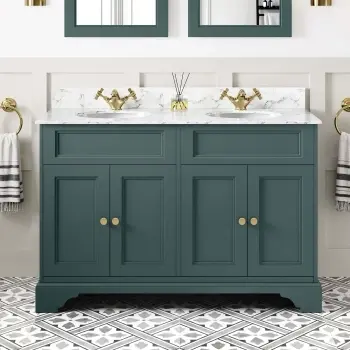 Lucia Midnight Green Double Vanity with Marble Top & Undermount Basins 1200mm - Brass Accents