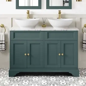 Lucia Midnight Green Double Vanity with Marble Top & Oval Counter Top Basin 1200mm - Brass Accents