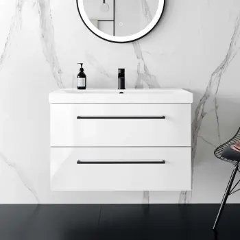 Elba Gloss White Wall Hung Basin Drawer Vanity 800mm - Black Accents