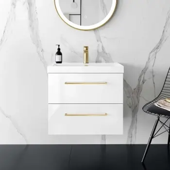 Elba Gloss White Wall Hung Basin Drawer Vanity 600mm - Brushed Brass Accents