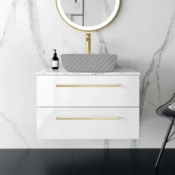Elba Gloss White Wall Hung Drawer 800mm Excludes Counter Top Basin - Brushed Brass Accents