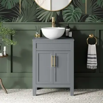 Bermuda Dove Grey Vanity with Round Counter Top Basin 600mm - Brass Knurled Handles