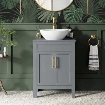 Bermuda Dove Grey Vanity with Oval Counter Top Basin 600mm - Brass Knurled Handles