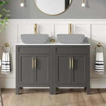 Bermuda Graphite Grey Cabinet with Marble Top 1200mm Excludes Basins - Brass Knurled Handles