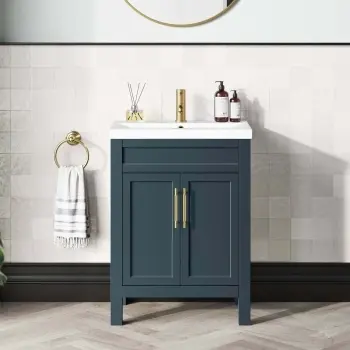 Bermuda Inky Blue Basin Vanity 600mm - Brass Knurled Handles