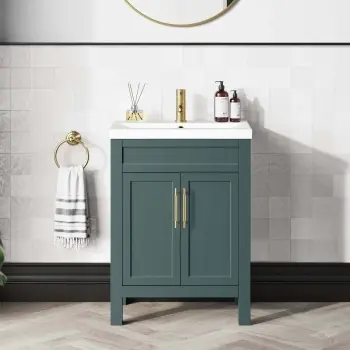 Bermuda Midnight Green Basin Vanity 600mm - Brass Knurled Handles