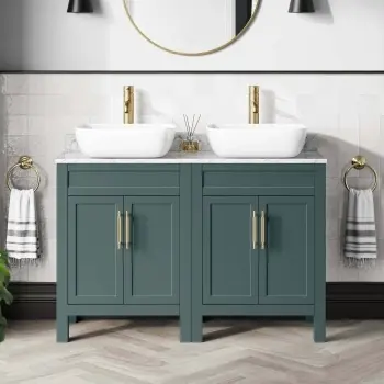 Bermuda Midnight Green Vanity Marble Top & Curved Counter Top Basin 1200mm - Brass Knurled Handles