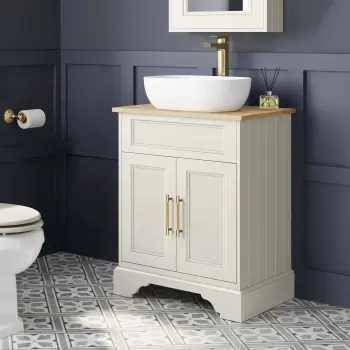 Lucia Chalk White Vanity with Oak Effect Top & Curved Counter Top Basin 640mm - Knurled Handles