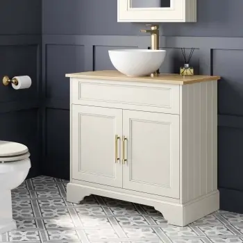 Lucia Chalk White Vanity with Oak Effect Top & Round Counter Top Basin 840mm - Brass Knurled Handles