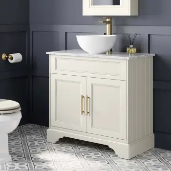 Lucia Chalk White Vanity with Marble Top & Round Counter Top Basin 840mm - Brass Knurled Handles
