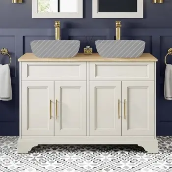 Lucia Chalk White Cabinet with Oak Effect Top 1200mm (No Basins) - Knurled Handles