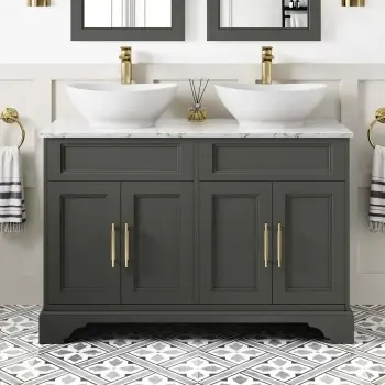 Lucia Graphite Grey Double Vanity with Marble Top & Oval Counter Top Basin 1200mm - Knurled Handles