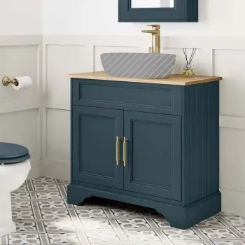 Lucia Inky Blue Cabinet with Oak Effect Top 840mm (Excludes Counter Top Basin) - Knurled Handles