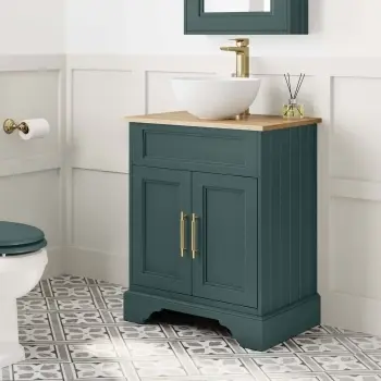 Lucia Midnight Green Vanity with Oak Effect Top & Round Counter Top Basin 640mm - Knurled Handles
