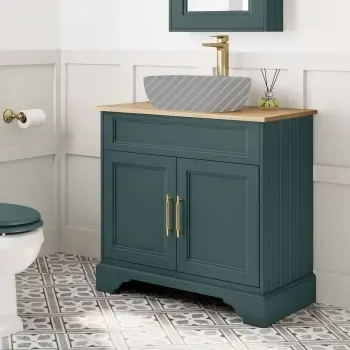 Lucia Midnight Green Cabinet Oak Effect Top 840mm (Excludes Counter Top Basin) - Knurled Handles