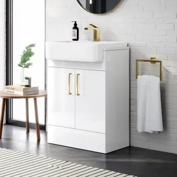 Harper Gloss White Vanity with Semi Recessed Basin 600mm - Brushed Brass Accents