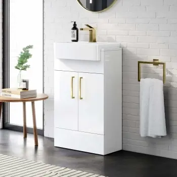 Harper Gloss White Vanity with Semi Recessed Basin 500mm - Brushed Brass Accents