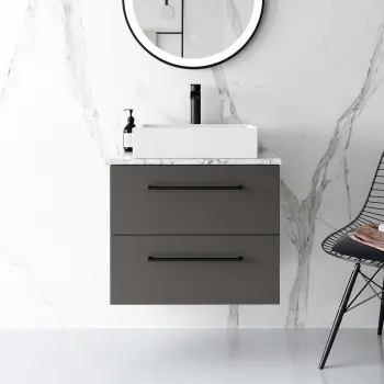 Elba Graphite Grey Wall Hung Drawer Vanity with Marble Top & Cody Basin 600mm - Black Accents