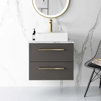Elba Graphite Grey Wall Hung Drawer Vanity Marble Top & Cody Basin 600mm - Brushed Brass Accents