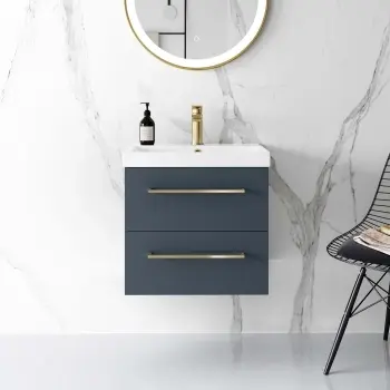 Elba Inky Blue Wall Hung Basin Drawer Vanity 500mm - Brushed Brass Accents