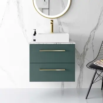 Elba Midnight Green Wall Hung Drawer Vanity Marble Top & Cody Basin 600mm - Brushed Brass Accents