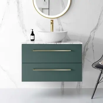 Elba Midnight Green Wall Hung Vanity Marble Top & Oval Counter Top Basin 800mm - Brass Accents
