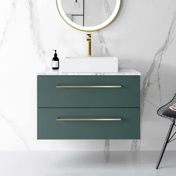 Elba Midnight Green Wall Hung Drawer Vanity Marble Top & Cody Basin 800mm - Brushed Brass Accents